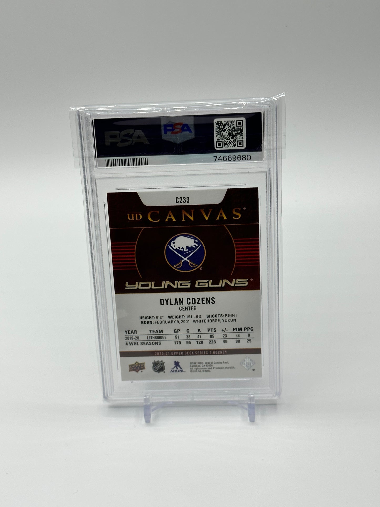 Dylan Cozens PSA 10 2020-21 Upper Deck Series 2 Hockey Young Guns Canvas GEM MT