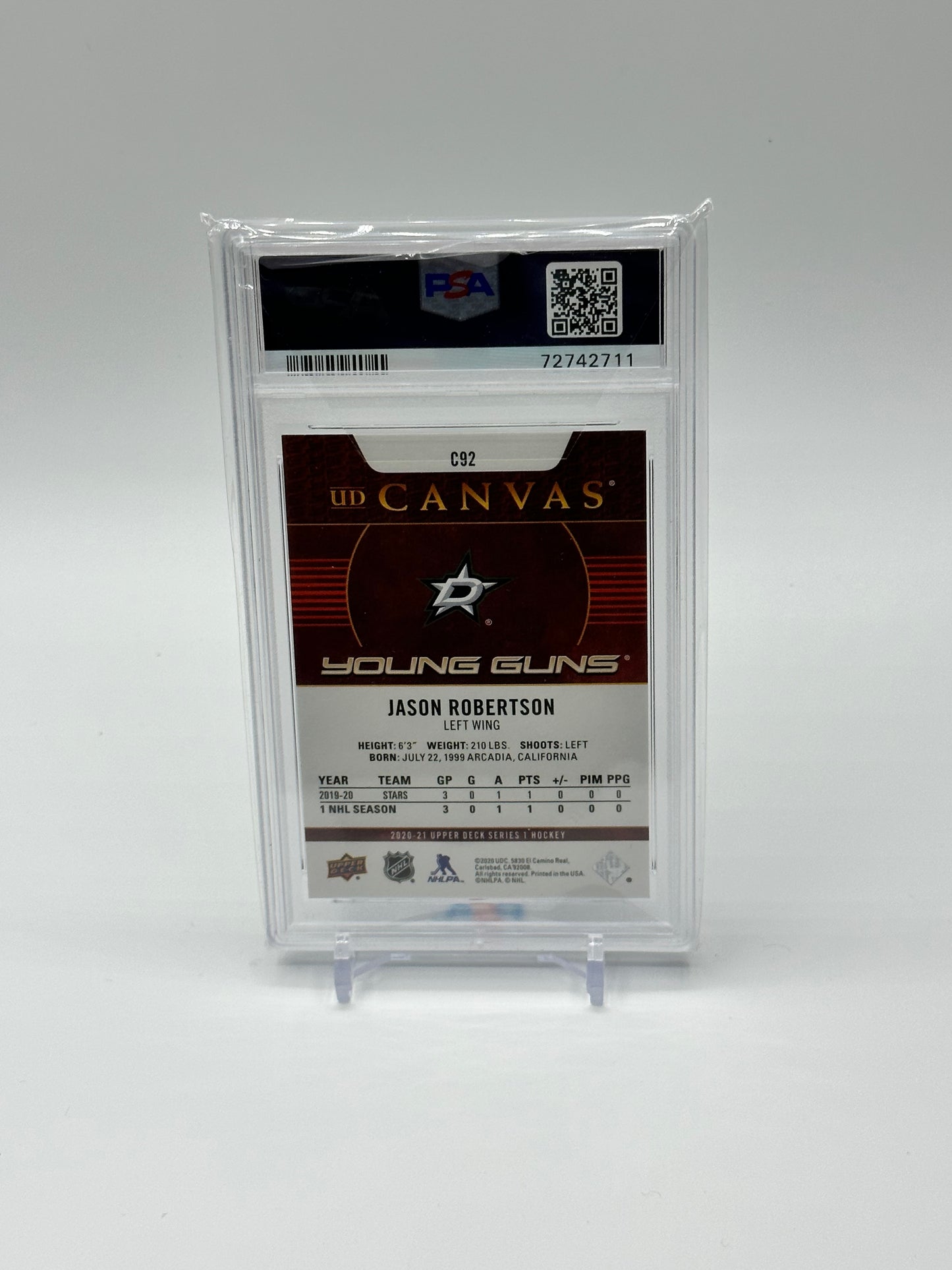 2020-21 UPPER DECK UD CANVAS JASON ROBERTSON YOUNG GUNS ROOKIE PSA10 YG RC GC