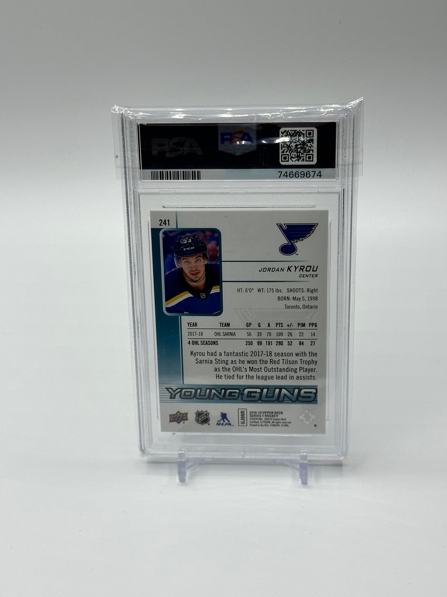 2018-19 Upper Deck UD #241 - Jordan Kyrou Young Guns YG - PSA 10